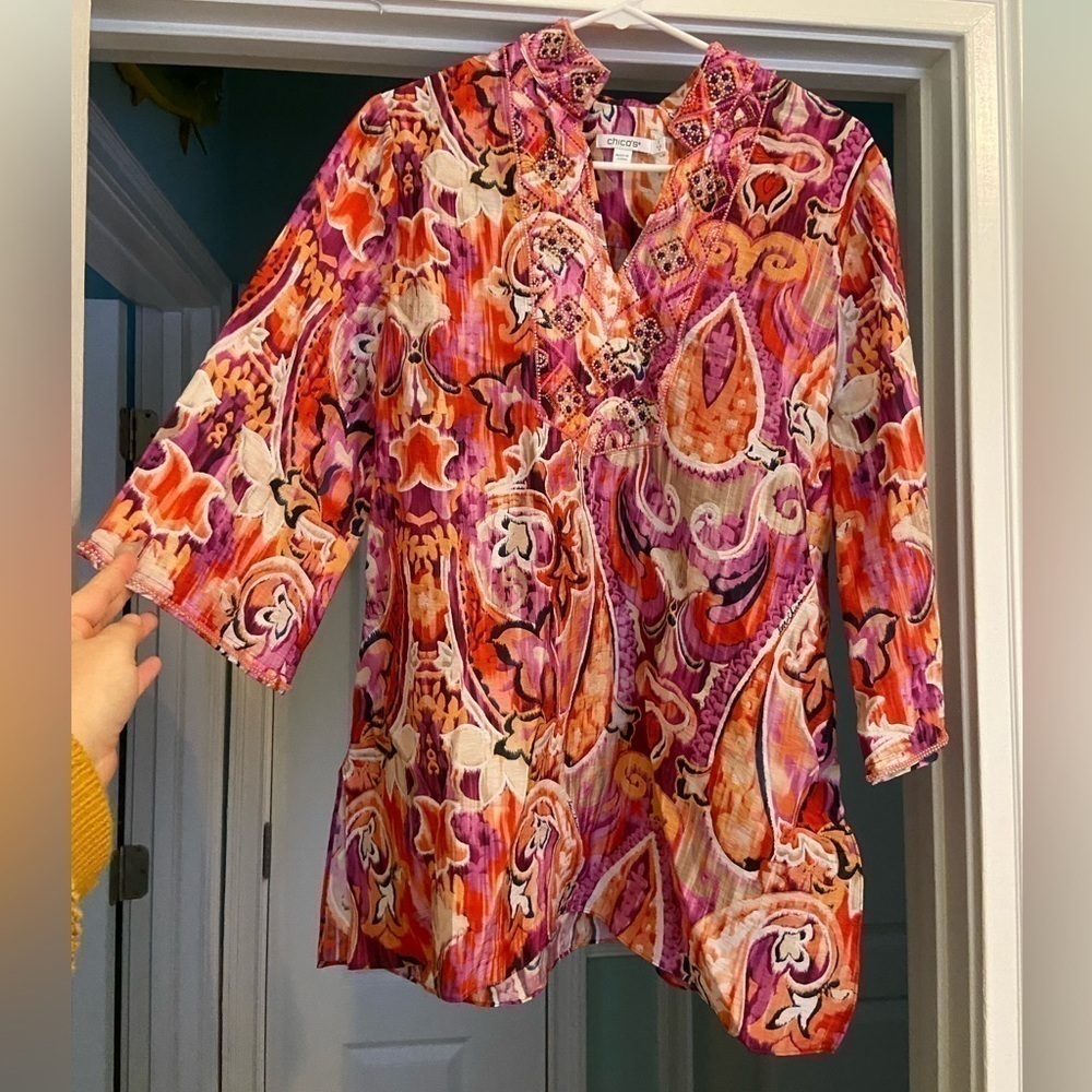 Chicos 40th Anniversary Paisley Multicolor Beaded Tunic - Picture 5 of 10